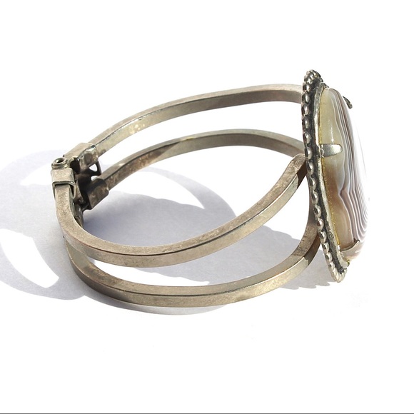 Vintage Botswana Agate Statement Cuff Bracelet Silver Tone Banded Brown Cabochon - Picture 3 of 6